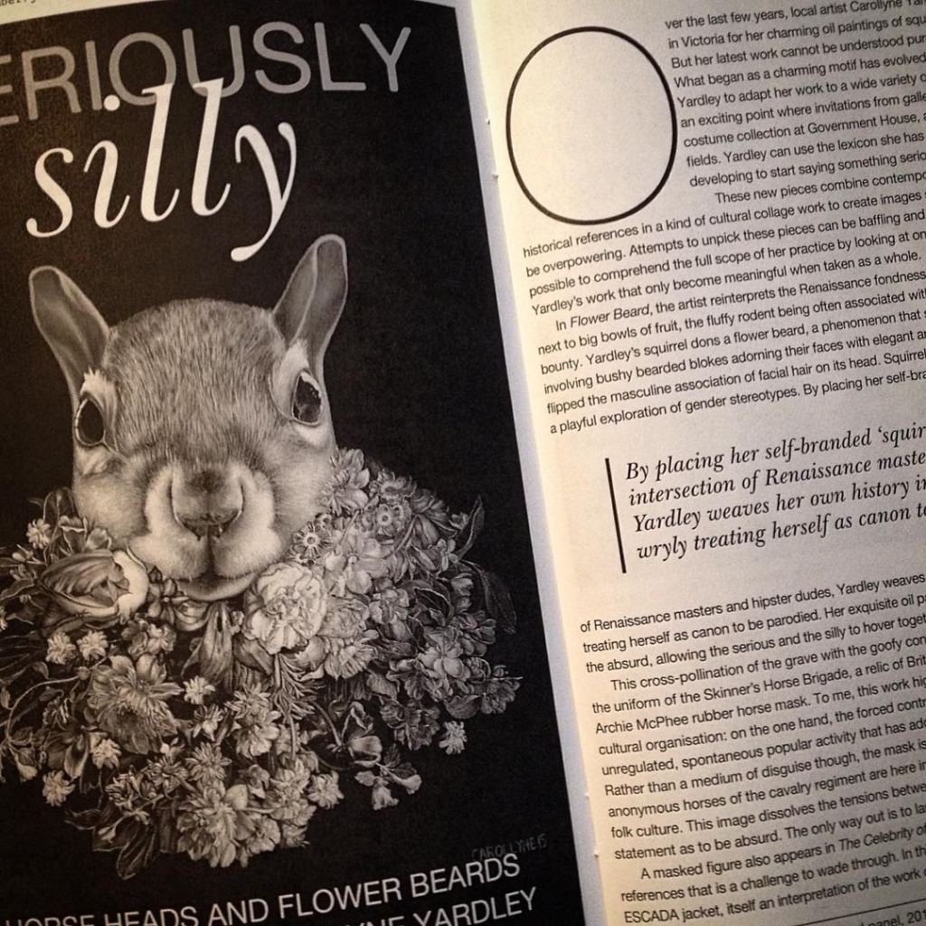 Thank you @analogue_mag @analogue_meg @nicholasoswald and Laurie White for the text describing my art for feature in December/January issue. Grab a copy at Habit Coffee, 2% Jazz at the Hudson, Legends Comics Fernwood Coffee Company Laren Music The Copper Hat to name a few #flowerbeard #anonymouse #anonymous #carollyne #canadianart #carollyneyardley #squirrealism #squirrels #squirrelsofinstagram