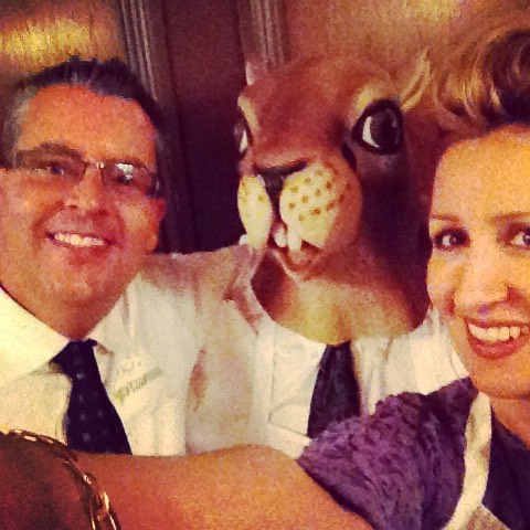 Paul Hogan, Squirrel, and Carollyne Yardley @tipafool raising money for Citizens' Counselling Centre #squirrealism #squirrelmask Mask by @archiemcphee