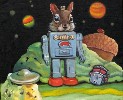 Robot Squirrel 12&quot; x 10&quot; Oil on canvas 2011 SOLD Private Collection
