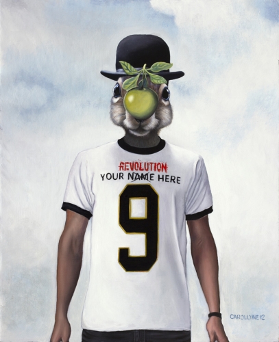 Revolution 9: Squirrel on Man (after René Magritte and John Lennon) 17.5" X 21.5" Oil on board 2012 SOLD Private Collection