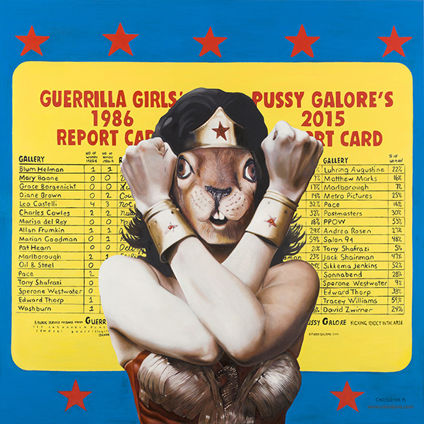 Guerrilla Squirrel, oil on wood panel, 40 x 40, 2015 (after Guerrilla Girls' and Pussy Galore)