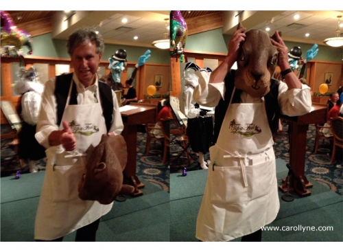 Chris Causton, former Mayor of Oak Bay getting “squirrel-bombed” Tip a Fool 2013, Greater Victoria Citizens Counseling Center