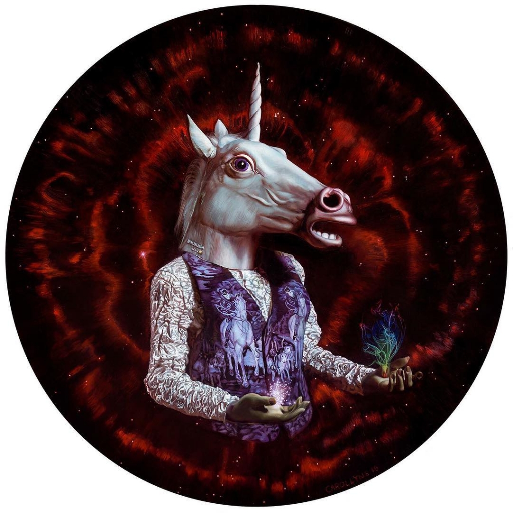 Hunt of the Unicorn Cont'd 48" diameter, oil on panel, 2016 #unicorn #constellation #monoceros #rainbow #mask #archiemcphee #seattle #carollyne #carollyneyardley