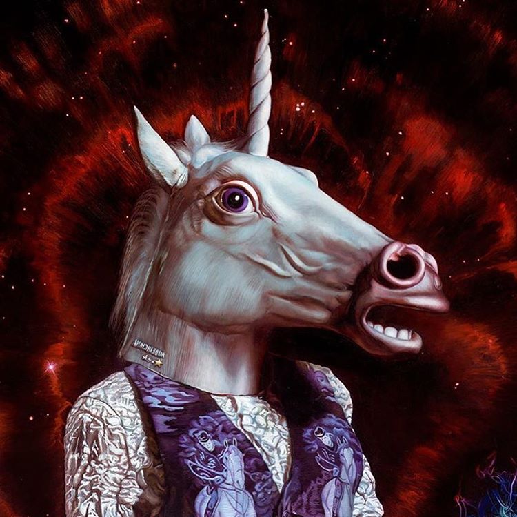 Hunt of the Unicorn Cont'd (detail) 48" diameter, oil on panel, 2016 #unicorn #constellation #monoceros #rainbow #mask #archiemcphee #seattle #carollyne #carollyneyardley