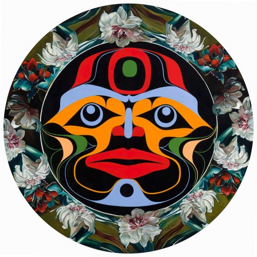Moon Mask, 36" diameter, oil and acrylic on panel, 2017 by Carollyne Yardley and Rande Cook (collaboration)