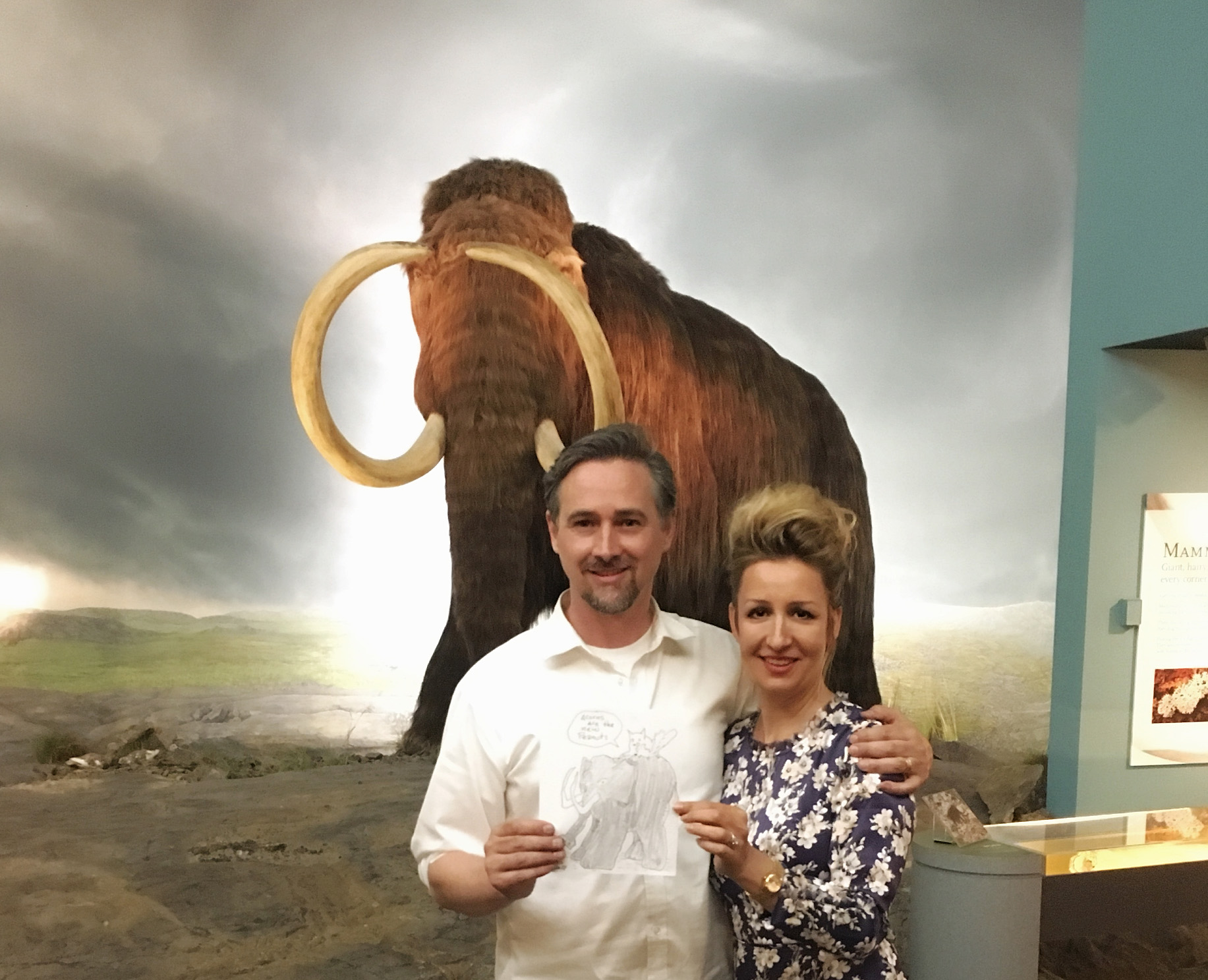 Gareth Gaudin and Carollyne Yardley in front of Woolly Mammoth at RBCM, July 2017 