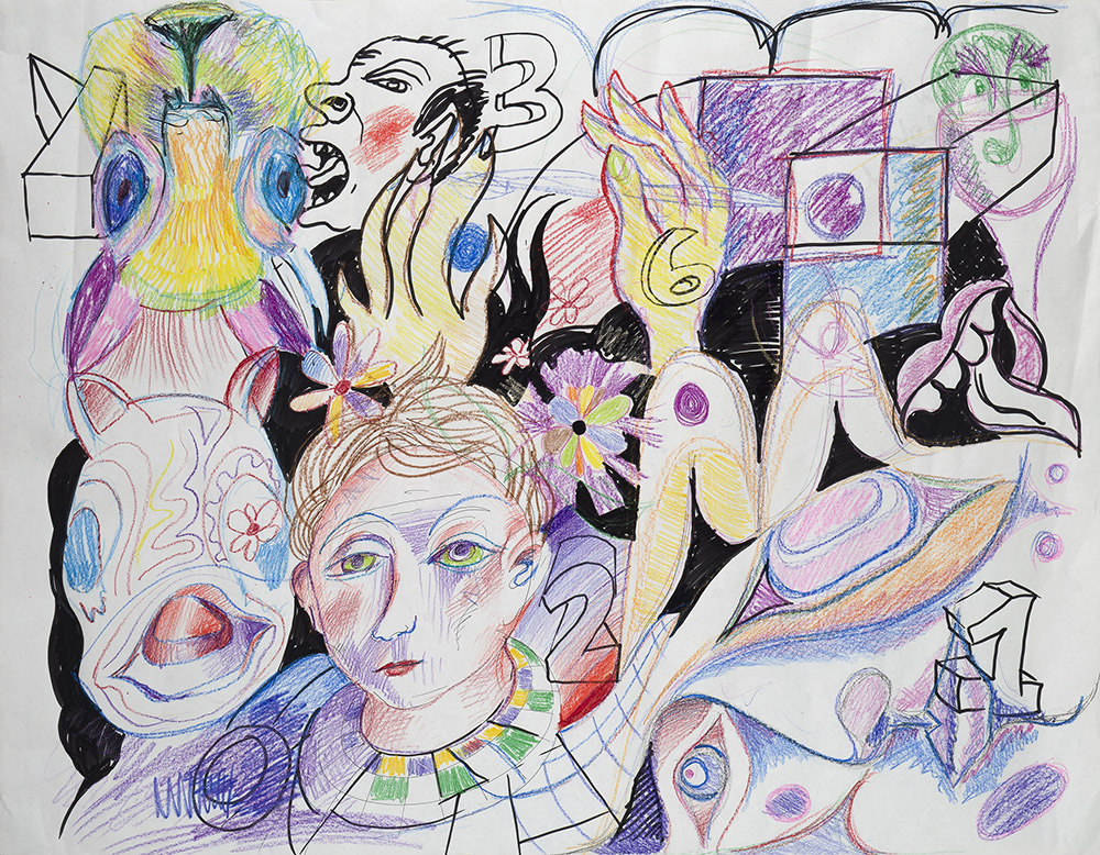 Collaboration Dinner Drawing, 2017, Rande Cook, Carollyne Yardley, and Noah Becker, Crayon and pen on paper, 36” x 28”