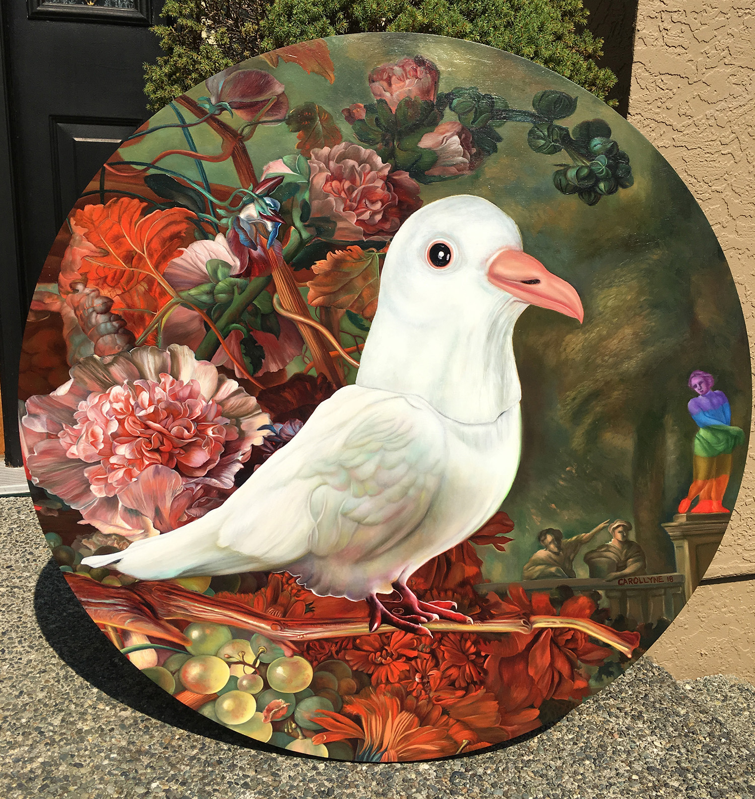 Holy Spirit Wears a Dove Mask II (2018) Commission. Oil on panel, 36" diameter. Photos and high resolution details. #contemporaryart #dove #carollyneyardley #oilpainting