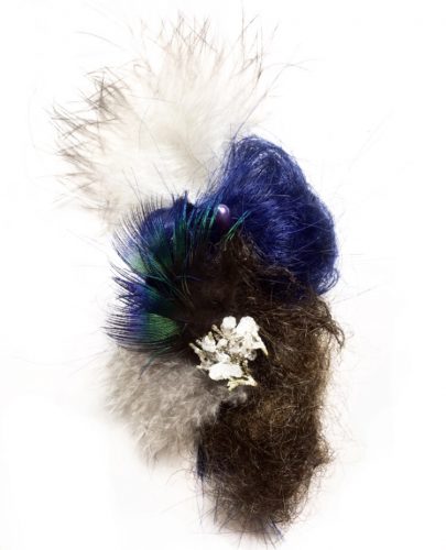 5 from the Park series. Peacock feathers, dyed human hair, untreated human hair, salt and borax crystals, cypress tree, hat pin, 6″ x 3″, 2019.