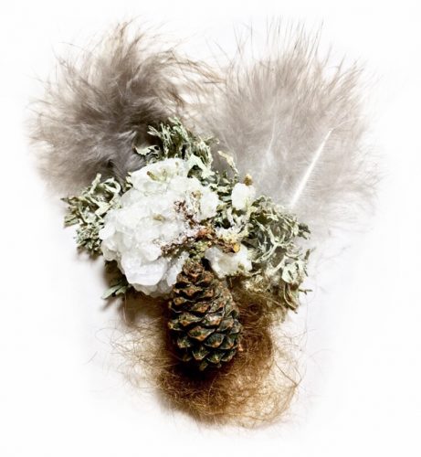 2 from the Park series. Peacock feathers, human hair, salt and borax crystals, cypress tree, lichens, cone. 2″ x 3″, 2019.