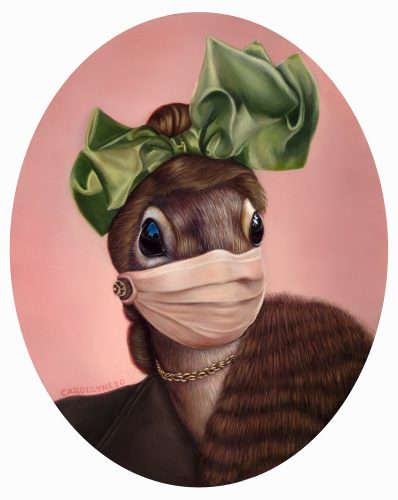 Pandemic Squirrel series, 15” x 19.5”, (22”x25” with frame) oil on panel, 2020. SOLD. Private Collection.