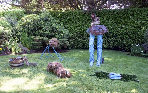 Pandemic Sculpture Garden with visiting Eastern grey squirrel, Installation View, 11’ x 6′ 