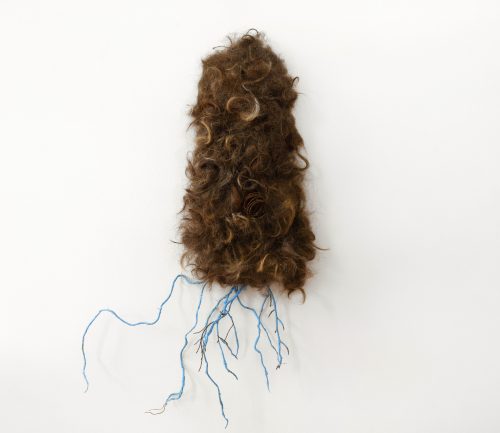 Becoming Plastic installation, Plastivore, 2020. Human hair, foraged rusty bedsprings, twigs, blue plastic surgical gloves, 37″ x 30″ x 8″