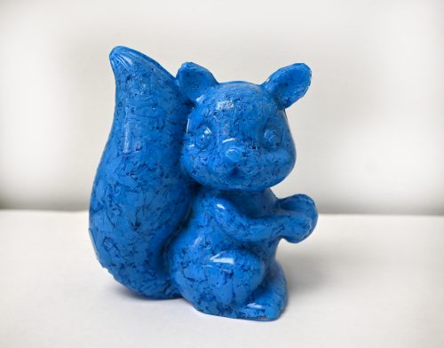 Blue Squirrel of Joy, used blue nitrile gloves, resin, 5″ x 5″ x 3″ , 2022. Private Collection.