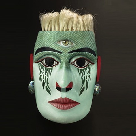 Metamorphosis/ Tlayilela Mask Rande Cook and Carollyne Yardley Cedar, acrylic, oil, abalone, horsehair, 10” x 8” x 6” 2017. SOLD. Private Collection.