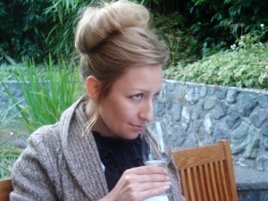 Carollyne Yardley “noses” a yummy single malt at a scotch tasting in her own backyard