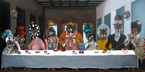 Never Dine Alone: Squirrel Banquet (aka The Last Acorn) | 36 X 18 | Oil on Board | SOLD Private Collection