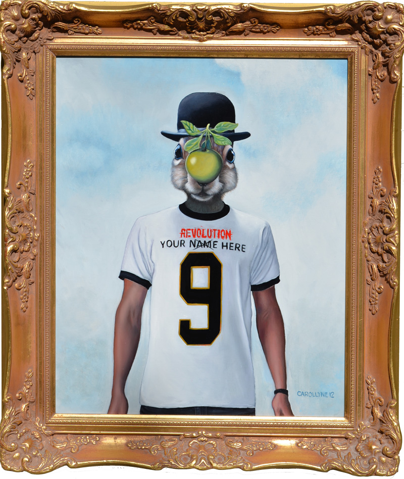 carollyne_yardley_revolution9_squirrelofman_2012_frame_sm Revolution 9: Squirrel of Man, Oil on Board, 17.5 X 21.5 (after Renee Magritte and John Lennon) with frame