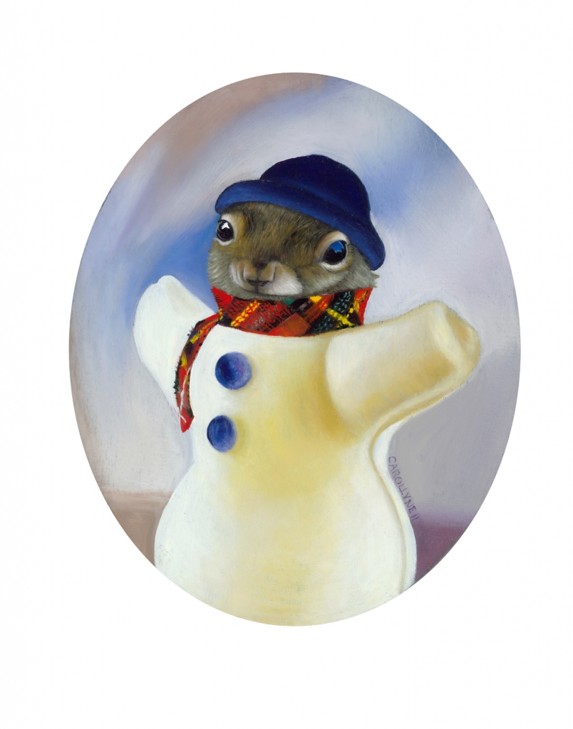 Snowman Squirrel, 8.5 x 10.5 - 10.5 x 12.5 framed,  Oil on Wood, Carollyne Yardley, 2011