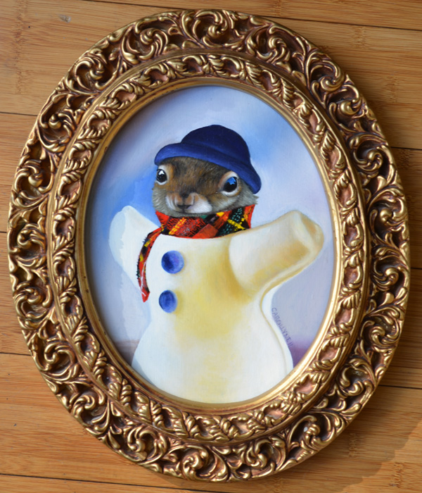 Snowman Squirrel | 8.5 X 10.5 | Oil on Board | Carollyne Yardley