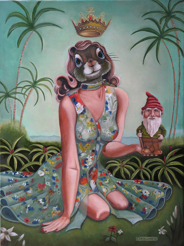 Tropical Girl Squirrel and Gnome, Oil on Canvas, 18 x 24, 2011, Carollyne Yardley