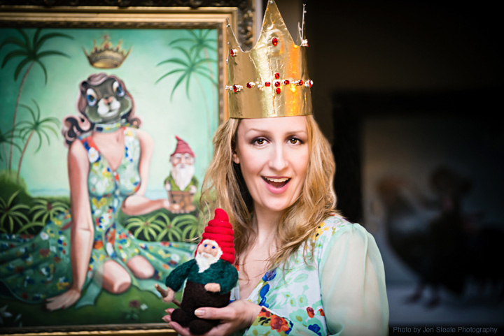 CarollyneYardley_Jen_steele_005_sm Carollyne Yardley inspired costume in front of painting titled, Tropical Girl Squirrel and Gnome (18 x 24, oil on canvas, available for purchase at Romancing the Squirrel show, February 22 - April 01, 2013)