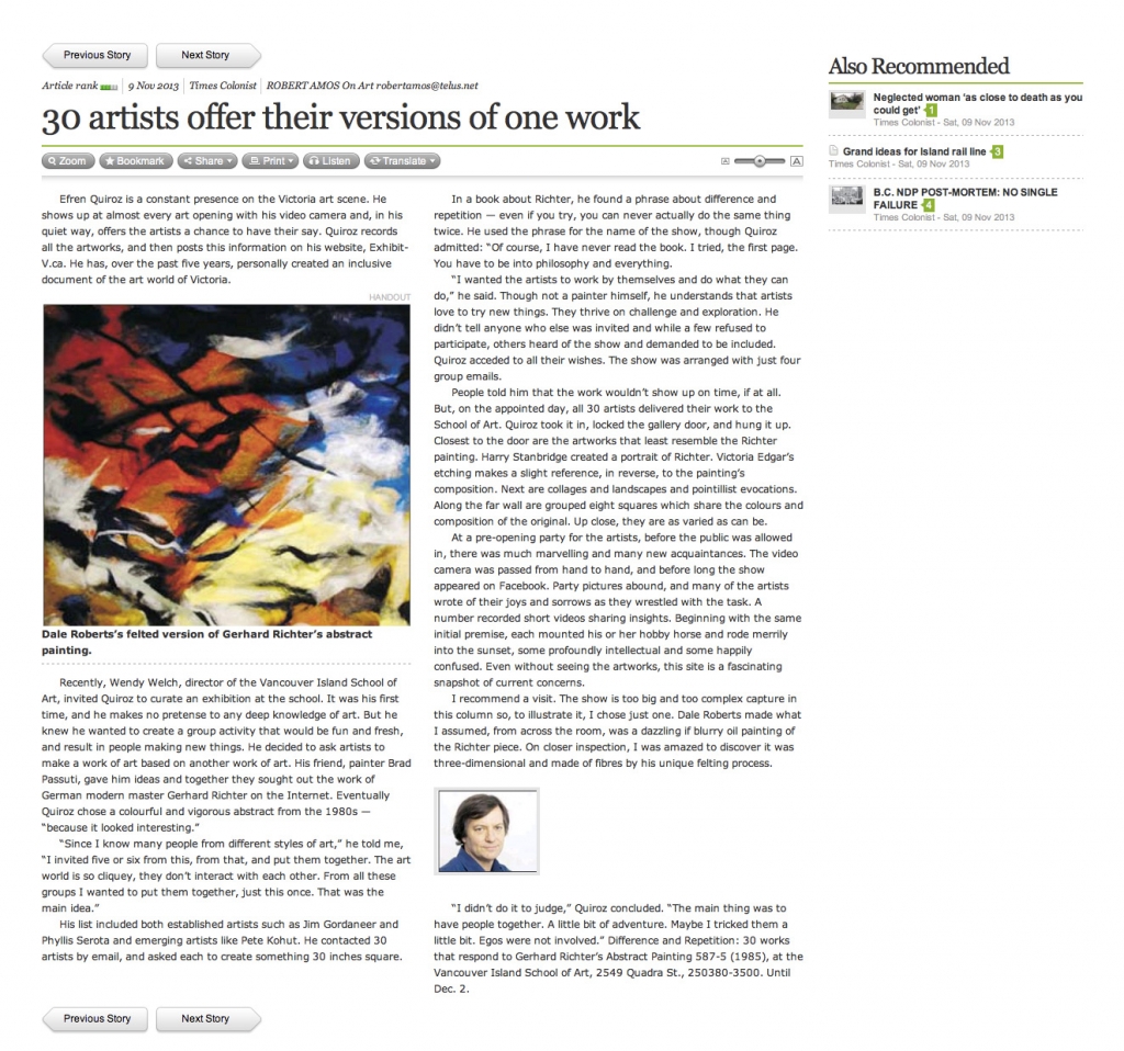 robertamos_article_differences_repetition 30 artists offer their versions of one work, Robert Amos, Times Colonist, Nov 09, 2013