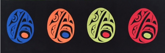 Haidaranian Raven Eggs by Trace Yeomans, ultra suede aplique on ultra suede background over board, 12" x 36"