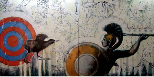Rome Diptych by Rosa Quintana Lillo, mixed media and acrylics on canvas, 48” x 96” x 3”