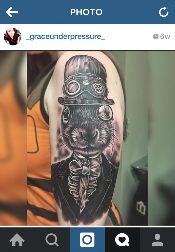 First tattoo inspired by my art: Steampunk Squirrel. Screen capture via Instagram _graceunderpressure_