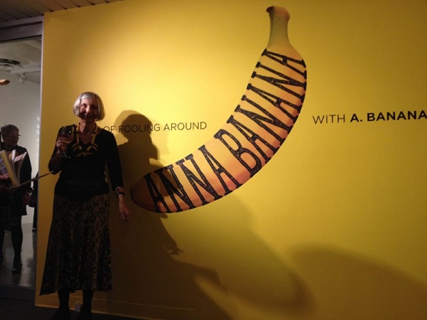 Anna Banana in front of exhibition entrance, Sept 18, 2015 at Art Gallery of Greater Victoria.