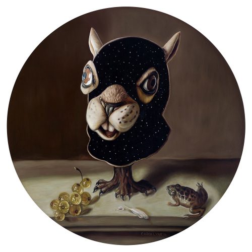 Still Life Squirrel Mask, 36″ diameter, oil on panel, 2016. SOLD
