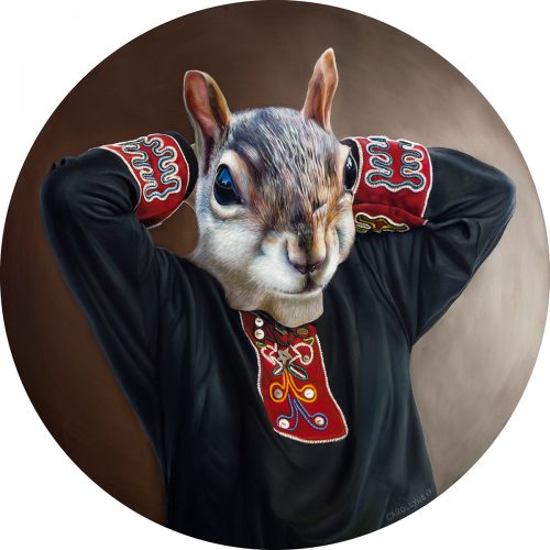 Chief Rande Cook Squirrel Tunic 30” diameter Oil on panel 2017. SOLD. PRIVATE COLLECTION