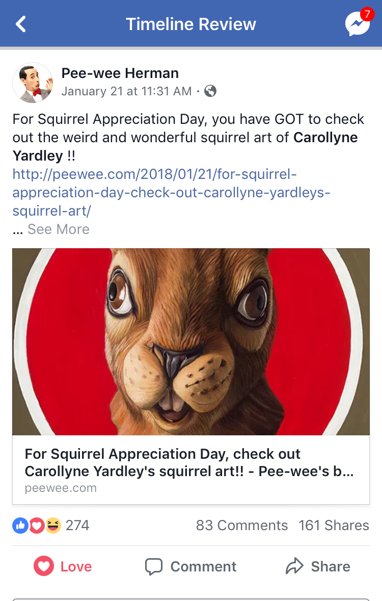 Screen capture 01292018 from Pee-wee Herman Facebook page.