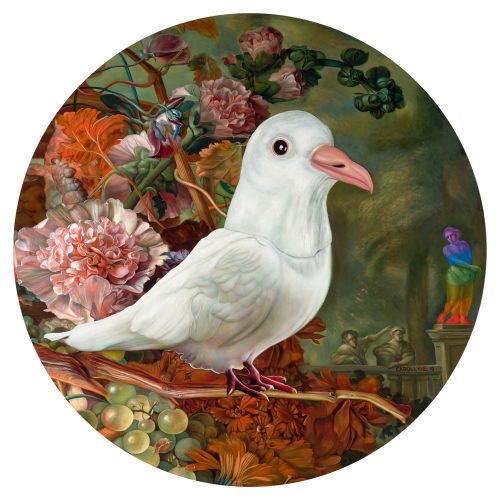 Holy Spirit Wears a Dove Mask II (Commission) 36" diameter, oil on panel, 2018