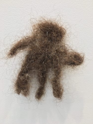 Holobionts 19 (detail). Squirrel hair, cat hair, magnolia petals, leaf skeleton, human hair, 30% wood fibre acrylic, wax, feather, oak tree branch, acorns, 2019.