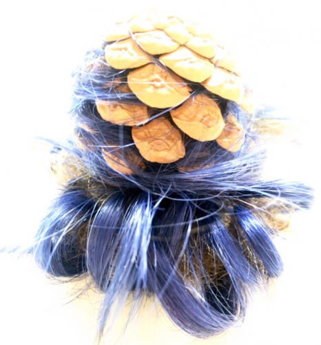 4 from the Park series. Pinecone, dyed human hair, untreated human hair, 3.5″ x 4.25″, 2019