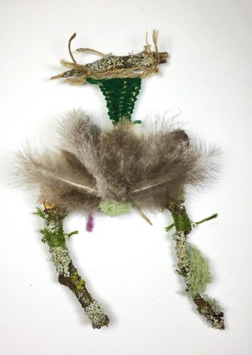Nest, Beacon Hill Park (Winter), found items include Garry oak tree branches, lichen, string, peafowl feathers, 7″ x 12″ x 2″