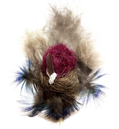 6 from the Park series. Peacock feathers, dyed human hair, untreated human hair, salt and borax crystals, cypress tree, 6″ x 3″, 2019