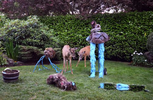 Pandemic Sculpture Garden with visiting Black-tailed deer, Installation View, 11’ x 6′ 