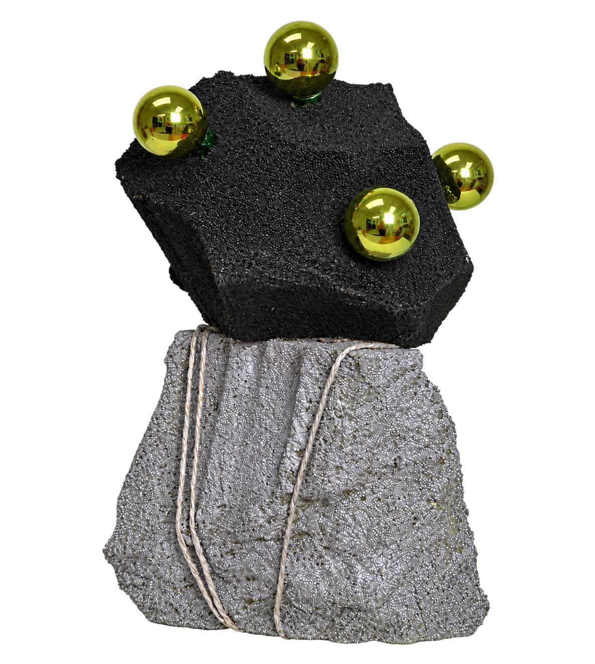 Speculative Futures sculpture with silver and black foam and green reflective spheres