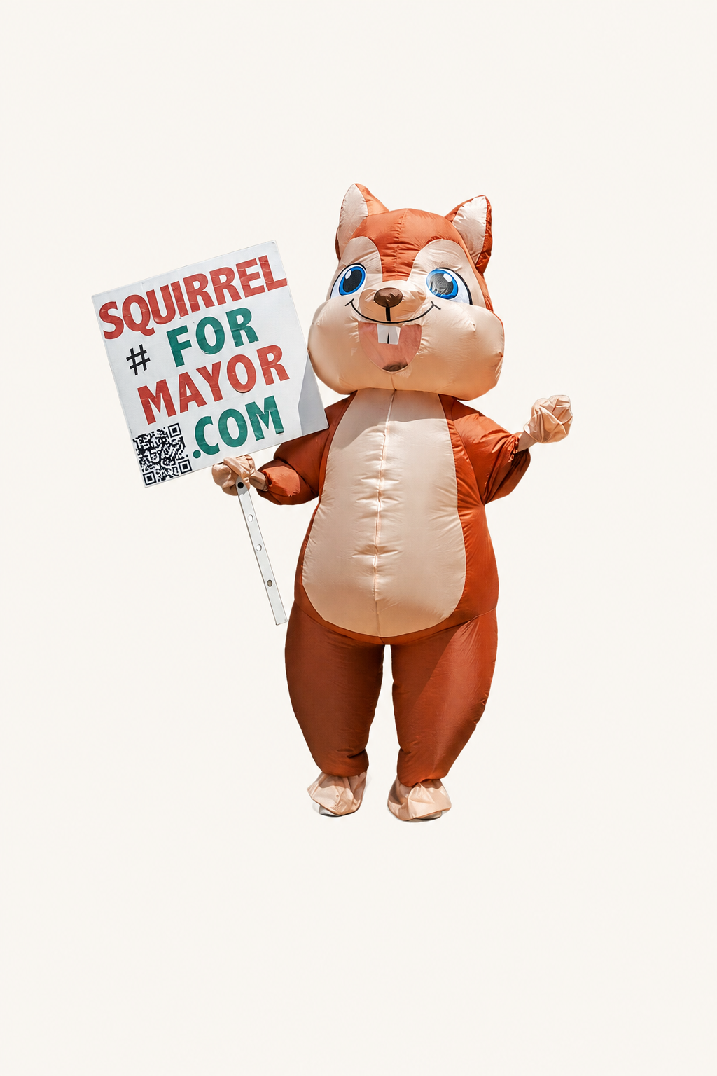 Squirrel-costumed figure holding a Squirrel for Mayor sign