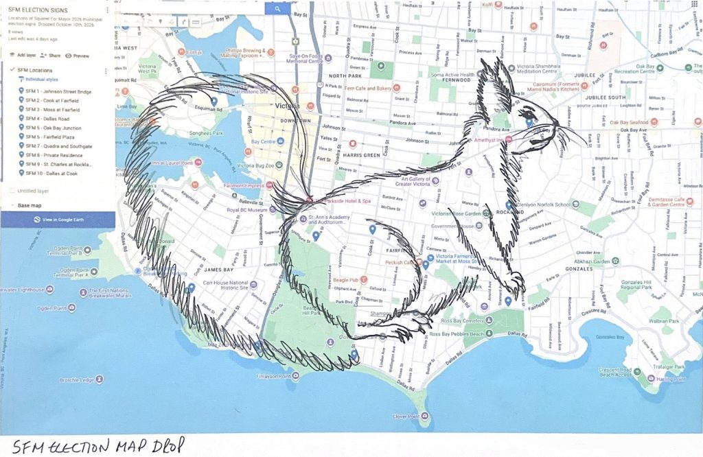 Squirrel for Mayor’s 2026 sign locations, mapped in Google Maps and printed, with a squirrel drawn in pen by Squirrel for Mayor.