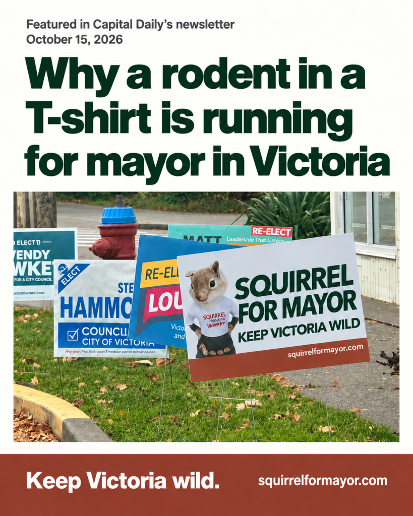 Squirrel for Mayor featured in Capital Daily’s October 15, 2026 newsletter, bringing the art project and its urban forest message to a wider audience.