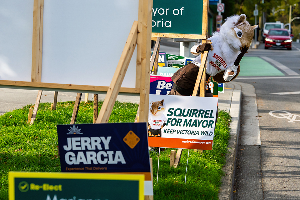 Photo by James MacDonald. Squirrel for Mayor in costume beside a campaign sign during the BC municipal elections in the City of Victoria. October 2026.